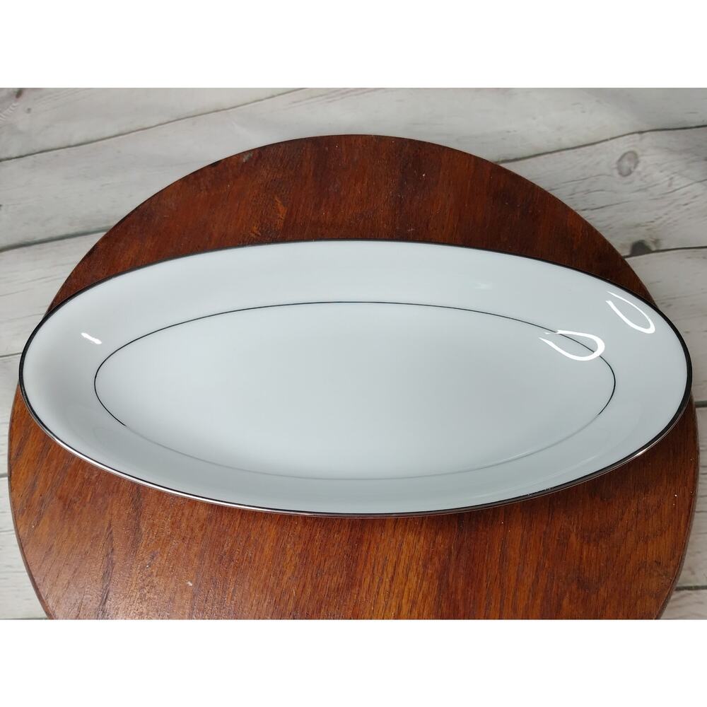 NORITAKE Derry Pattern 12" Oval Celery Relish Dish Bowl White Silver Platinum